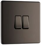 BG Electrical Double Wall Light Switch, 2 Way, Screwless Front Plate, Slim Profile, Premium Flatplate, Black Nickel, 20A, 16AX, FBN42