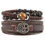 HZMAN Genuine Leather Tree of life Bracelets Men Women, Tiger Eye Natural Stone Lava Rock Beads Ethnic Tribal Elastic Bracelets Wristbands, 8 5 inch, Leather