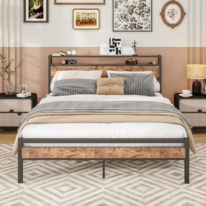 BORPHOM Base de cama tamaño King con cabecera de madera de almacenamiento, base de cama de metal de plataforma tamaño King, base de colchón/almacenamiento debajo de la cama/soporte de listones de