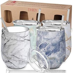 Stainless Steel Stemless Wine Tumbler - THILY 4 Pack Vacuum Insulated Travel Wine Glasses with Sliding Lids and Straws, 12 oz, Keep Cold for Juice, Coffee, Beer, Marble Set