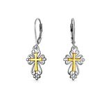 Filigree Two Tone Christian Religious Spiritual Fleur De Lis Dangle Cross Earrings For Women Teens Lever Back Yellow Gold Plated .925 Sterling Silver