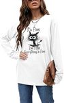 Women's I'm Fine Everything is Fine T-Shirts Long Sleeve Sayings Loose Fit Casual Cute Cat Graphic Crew Neck Tee Blouse Tops, 01white, Large