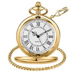 Tiong Vintage Gold Pocket Watch with Chain Smooth Steel Quartz Roman Numeral Men Quartz Pocket Watches