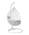 Hindoro Rattan Wicker Wrought Iron Single Seater Swing Chair with Stand & Cushion & Hook Outdoor || Indoor || Balcony || Garden || Patio || Living Outdoor Furniture (White with Grey, Oval)