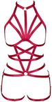 Women's Pentagram Body Harness Lingerie Full Caged Waist Garter Belts Set Strappy Frame Bra Punk Goth Rave Wear, Wine Red, One Size