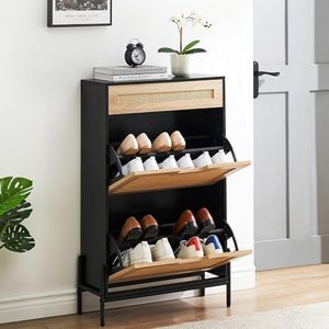 IDEALHOUSE Natural Rattan 2 Flip Door with 1 Drawer Shoe Cabinet Organizer Freestanding, Shoe Rack Storage Cabinet for Entryway with 3-Tier Adjustable Shelves for Slippers, Sneakers, Heels, Boots