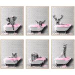 Funny Animal Wall Art in Bathtub, Black and White Canvas Cow Elephant Elk Tiger Lion In Bathroom Picture Pink Humor Animals Bathroom Artwork Print Farmhouse Style Wall Decor (11"x14" UNFRAMED)