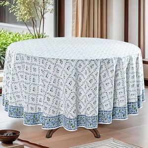 Ridhi Round Tablecloth Hand Block Print 100% Cotton Reusable Powder Blue 110 Inch Table Cover Decorative Everyday Use for Dining, Home, Party, Wedding, Farmhouse, Party Gift for Spring, Mother's Day