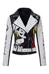 RISISSIDA Studded Leather Jacket Women Moto Motorcycle Faux Leather Coat Black-white 0477 L