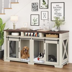 GarveeLife 71Inch Dog Crate Furniture for 2 Dogs, Large Double Dog Cage with 3 Storage Drawers & Removable Divider, Dog Kennel As TV Stand, Furniture Style Dog Crates with Sliding Barn Door