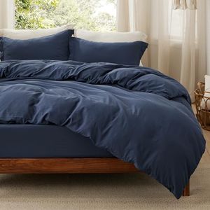 Bedsure Duvet Cover King Size with Fitted Sheet - 4 Pieces Prewashed Polyester Soft Bedding Set, Includes 1 Duvet Cover 104x90 Inches with Zipper Closure, 2 Pillow Shams, 1 Fitted Sheet, Navy Blue