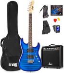 Max GigKit Beginner Electric Guitar Starter Kit, Dark Blue Quilt Top Finish with 40W Amp, HH Humbuckers, Digital Tuner & Accessories Bundle for Adults and Kids