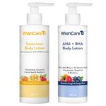 WishCare SPF 50 Sunscreen Body Lotion & AHA BHA Exfoliating Body Lotion Combo | Broad Spectrum UVA/UVB Protection with Gentle Chemical Exfoliation for Smooth, Hydrated & Even-Toned Skin | Pack of 2 (200ml each)