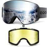 Odoland Ski Goggles Set with Detachable Lens,Anti-Fog UV Protection Snow Goggles for Men and Women,Black and Silver Lens