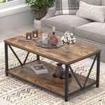 EXCEFUR Modern Coffee Table, Industrial Metal and Wood Living Room Table with Storage Shelf, Rustic Brown