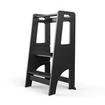 MOAMUN Kitchen Helper Stools for Kids, Adjustable Height Learning Helper Tower for Toddler with Handle, Wooden Step Stool for Kitchen, Bathroom, Bedroom (Black)