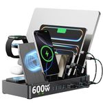 600W Charging Station for Multiple Devices, 15-in-1 GaN USB-C Charger with 3-in-1 Wireless Charger for Apple, Dual 100W PD Laptop Charging Dock, 8 USB-C & 4 USB-A for MacBook, iPad, Laptop, Black