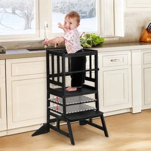 COSYLAND Toddler Standing Tower - Adjustable Height Toddler Kitchen Stool Helper - Kids Kitchen Step Stool for Learning with Removable Safety Railing Black