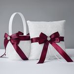 ATAILOVE Flower Girl Baskets and Ring Pillow Set for Wedding - Double Lace Accented Royal Design (Red)