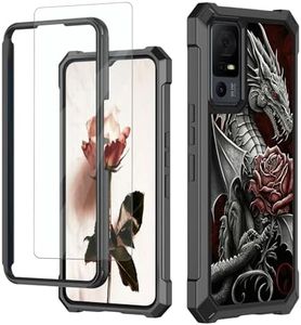 RAUEDWDJS for TCL 40 XL Case,TCL 40 T Phone Case with Glass Screen Protector,Heavy Duty Hard PC,Shock-Absorbing Corner TPU Bumper Shockproof Protective Phone Case for TCL 40 XL 6.75"-Rose Dragon
