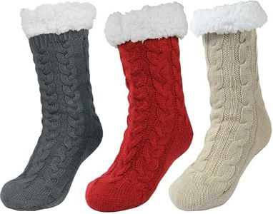 Sooneeya Slipper Socks for Women with Grips Non Slip Thick Warm Cozy Soft House Slipper Socks Christmas Gifts Grey Red Light Khaki -3 Pair