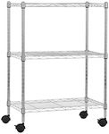 Amazon Basics 3-Shelf Narrow Storage Unit On Wheels With Height Adjustable Shelves and Levelling Feet, 340 kg Max Weight, Chrome, 34 cm D x 58.9 cm W x 83.2 cm H