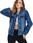 PEIQI Blue Classic Jean Jackets for Women Basic Long Sleeve Button Downs Ripped Jean Jackets XS