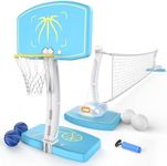 Goregent Pool Basketball Hoop & Pool Volleyball Net Set 2-in-1, Adjustable Volleyball Net for Pool, Stainless Steel Basketball Hoop for Pool, Swimming Pool Games for Summer Party
