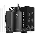 Coolflask Gallon Water Bottle Insulated with Straw&3 Lids, 128 oz Water Jug Large Stainless Steel Metal Vacuum Wide Mouth for Sports, Gym or Office, Non-BPA Keep Cold 48H Hot 24H, Magic Black