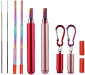 Chargenyang 2 Pack Telescopic Reusable Straw, Collapsible Stainless Steel Straws, Portable Metal Drinking Straws with Aluminum Key-Ring Case & Cleaning Brush for Travel, Home,Work. (Red and Rose Gold)