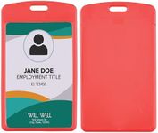 6 Pack Sliding ID Badge Holder for Lanyard - Vertical Hard Plastic Card Protector Pouch for Office, School ID, Credit Cards & Proximity - Work Badge Sleeve for Key Cards & Driver’s Licenses - Red