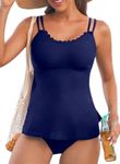 Aleumdr Swim Suits for Women 2025 Vintage Tankini Swimsuit 2 Piece Tummy Control Bathing Suit Blouson Tankini SetBottom Navy Blue XX-Large