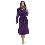 HEARTNICE Womens Hooded Fleece Robe, Soft Plush Bathrobe for Womens, Fluffy Cute Long House Coat (Dark Purple Hooded, L/XL)