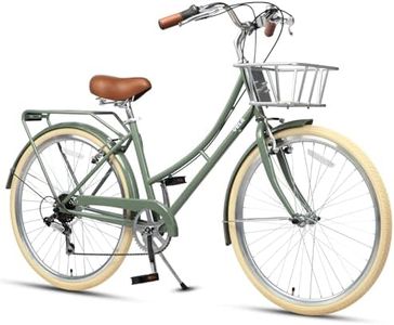 AVASTA 26 Inch Hybrid Bike, Lightweight Step-Through Hi-Ten Steel Frame for City Commuting, 6 Speed Comfort Bicycle with Metal Basket in Elegant Green with Stylish Beige Tires for Woman Female
