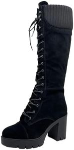 Generation Y Women's Knee High Combat Boots Lace Up Chunky Heel Knitted Cuff Zipper Closure, Black Su, 9