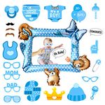 Baby Shower Photo Booth Props,Boy Gender Reveal Photo Booth Frame,Inflatable Foil Frame with 30Pcs Boy Baby Shower Photo Props for Baby Shower Gender Reveal New Born Party Supplies