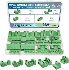 Tugermoola 28 Sets Screw Terminal Block Connector Assortment Kit 5.08mm Pitch PCB 2Pin 3Pin 4Pin 5Pin Connectors for 24-12AWG Cable OLA007