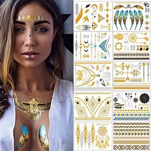 Tatuajes Dorados – Meersee 10 Hojas de Tatuajes Temporales Metálicos Adultos Brillante y ultra Resistente (Oro)