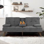 JAMFLY Convertible Folding Futon Small Couch Sofa Bed Sleeper Loveseat for Small Spaces, Living Room, Apartment, Dorm with Removable Armrests, Wood Legs, 2 Cup Holders (Dark Gray)