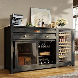 STO'SENSE Extra Large Coffee Bar Cabinet w/Fridge Space&Power Outlet,Lux MiniFridge Cabinet w/2Drawers,Wine Rack,Leather Handle,Adj.Shelves,Bar Tray,Glass Holder&Sliding Door,Buffet Sideboard,Black