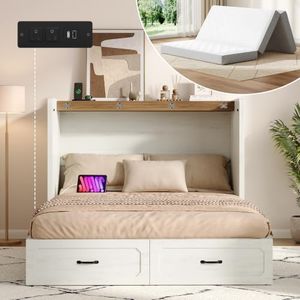 PIXOURA Full Murphy Bed with 4" Trifold Mattress, Farmhouse Murphy Cabinet Bed with Storage Drawers, Charging Station & Hidden Compartment, Hideaway Bed Cabinet for Bedroom, Guest, Rustic White