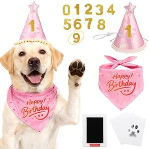 JZXOIVA Dog Birthday Party Supplies with Paw Print Kits, Dog Birthday Bandana Set, Cat Boy Girl Party Hat with Numbers for Large Medium Small Dogs, Adjustable Pet Anniversary Outfit, Pink