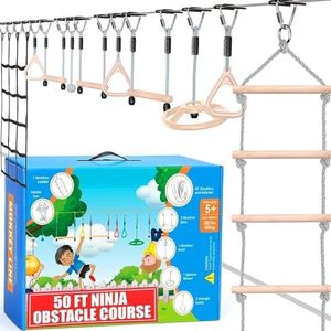 Hyponix Sporting Ninja Warrior Obstacle Course for Kids - 2 x 50 ft - Up to 880 Lbs - 10 Weatherproof Obstacles - Ages 5-12 | Setup on Trees or Posts | Ninja Course for Kids Outside