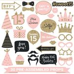 Fully Assembled 15 Birthday Quinceanera Photo Booth Props - Set of 30 - Pink & Gold Quince Selfie Signs - Cute 15th Party Supplies & Decorations with Real Glitter - Did we Mention no DIY?