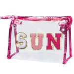 COSHAYSOO Clear Makeup Bag Preppy Sunscreen Skin Beach Travel Zipper Pouch Cosmetic Stuff Make Up Organizer for Women Teen Girls, Trendy Cute Chenille Letter Patch Small Traveling Waterproof Purse,