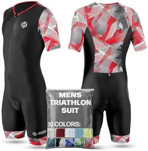 SLS3 Triathlon Suits Mens - Aerodynamic Sleeved Tri Suit Men – Lightweight Trisuit with Premium FX Fabrics - 2 Pockets (Black/Red Geo, Large)