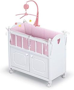 Badger Basket Toy Doll Bed - Wood Doll Crib Bassinet with Bedding and Storage, Fits 22 Inch Dolls, White/Pink Gingham