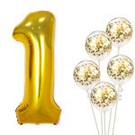 Party Propz Set of 6-1 number Foil Balloons with Gold confetti balloons for Kids 1st birthday decoration