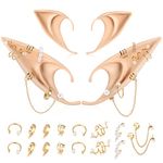FRESHME Elf Ears with Earrings Set - 2 Pairs Fairy Pixie Soft Ears with Non-Piercing Moon Cuffs Earring, Short and Long Style, Silicone