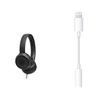 JBL Tune 500 Wired On-Ear Headphones with One-Button Remote/Mic - Black & Apple Lightning to 3.5 mm Headphone Jack Adapter